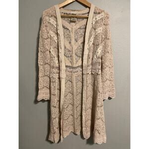 Vocal Lace Crochet Open Front Blouse Cardigan in Light Beige